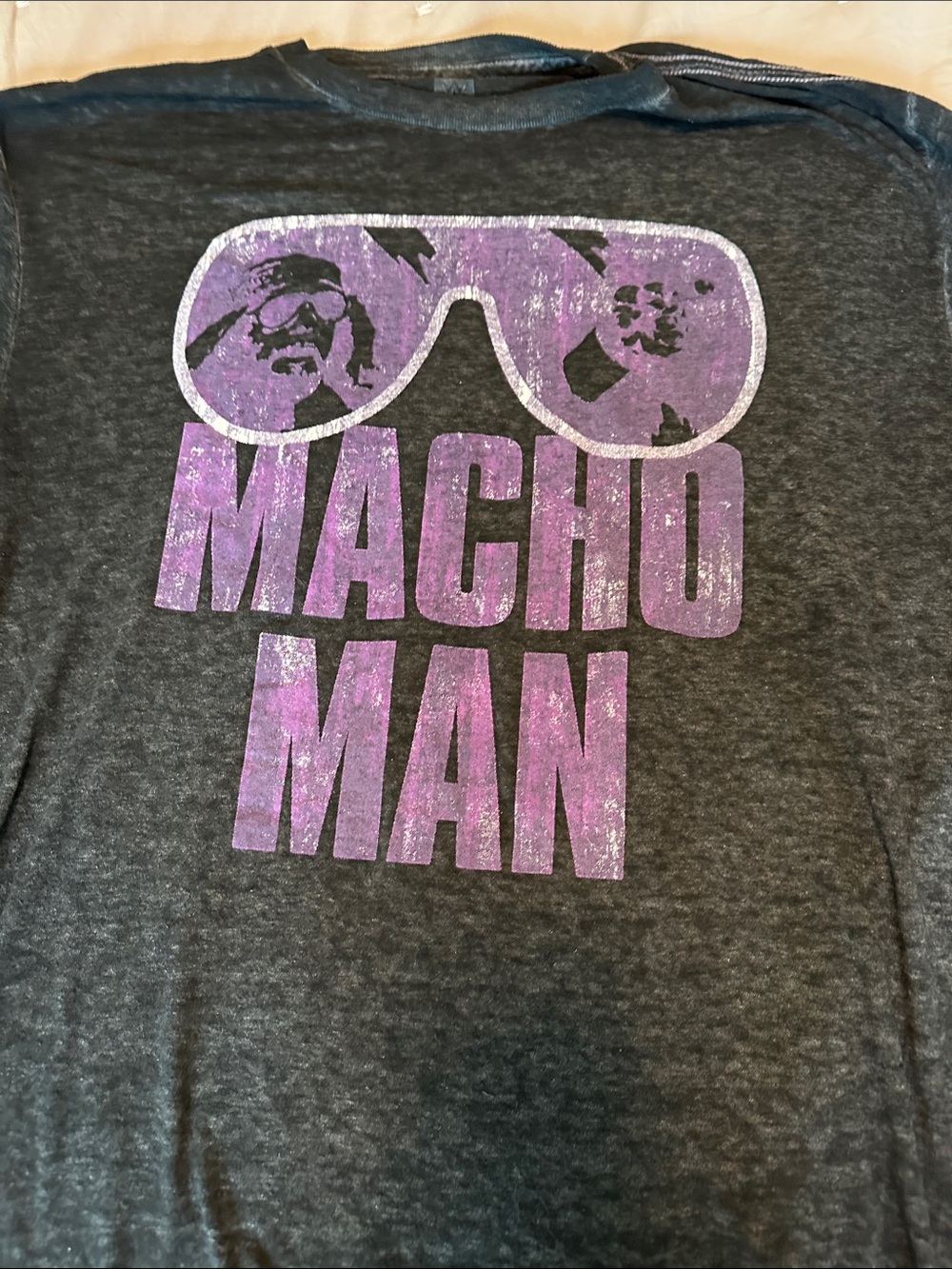Macho Man Short Sleeve Tee - Charcoal with Purple Graphic